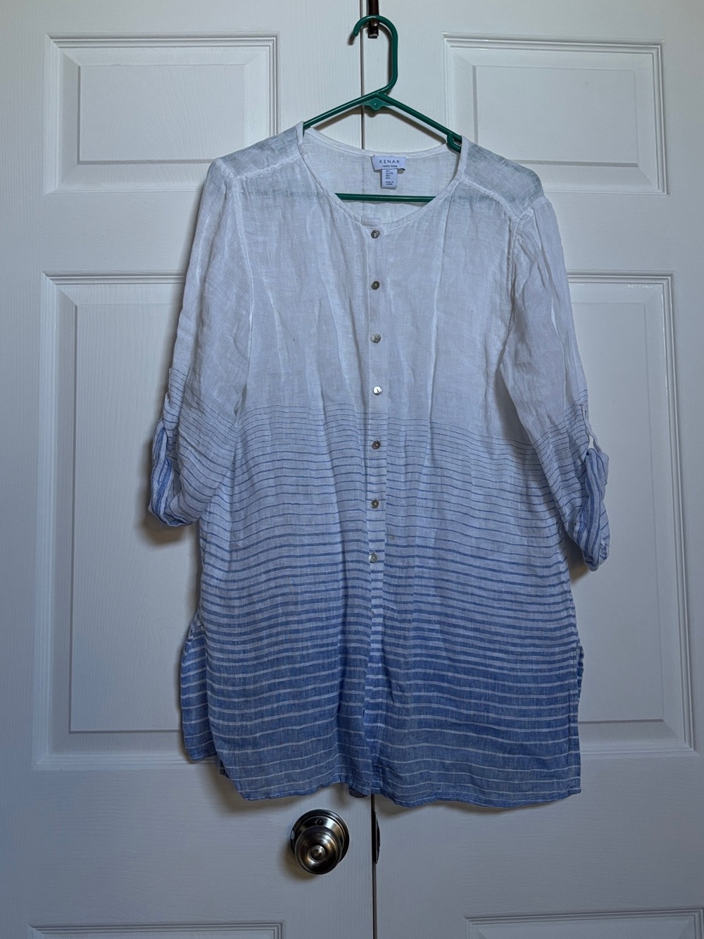 Kenar 100% Linen Ombre Striped Roll Tab Tunic Blouse Women L Blue White